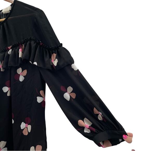 Kate Spade Live Colorfully Black Dusk Buds Ruffle Flowy Blouse Size XL - Picture 7 of 16